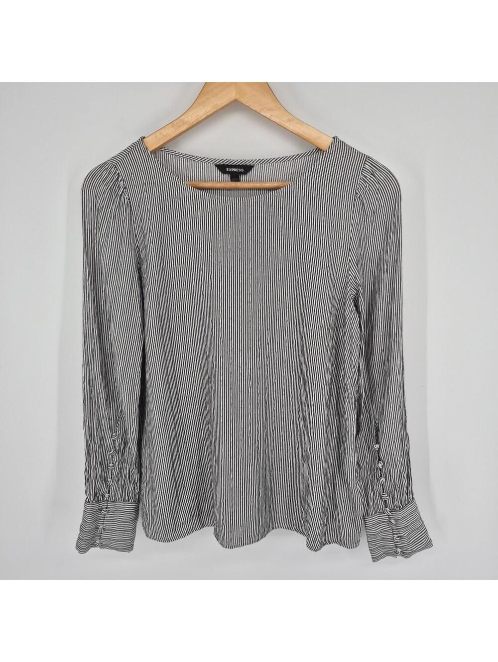 Express Gray Metallic Pinstripe Button Cuff Detail Blouse Top Size Women's M
